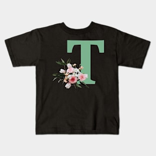 Letter T green with colorful flowers Kids T-Shirt